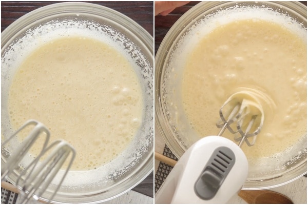 Batter mixed in a glass bowl.