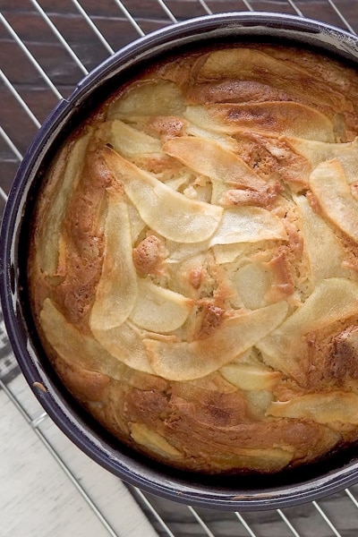 Pear cake baked in the cake pan.