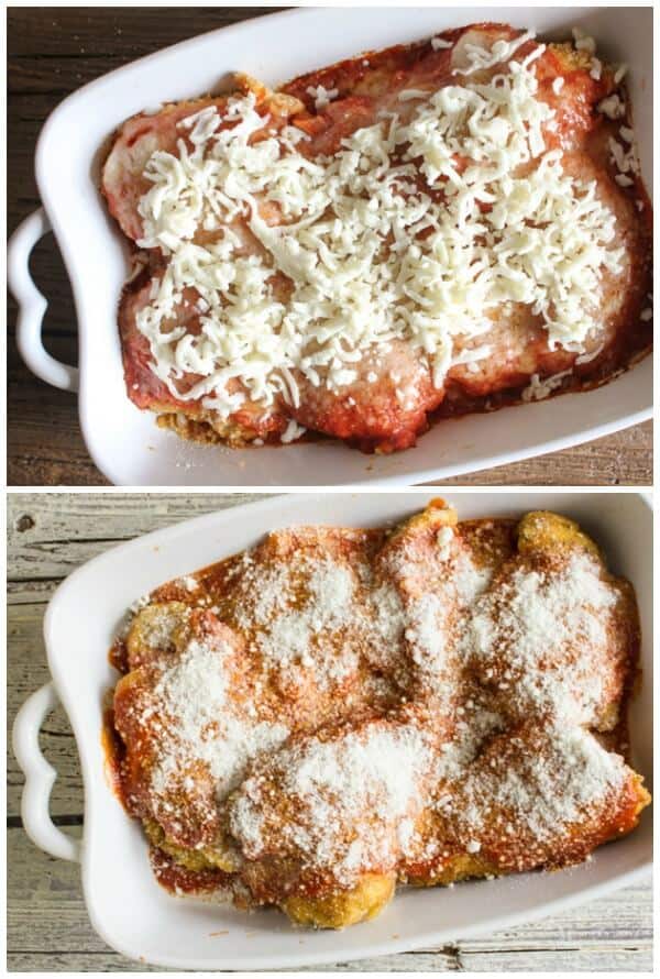 Baked Chicken Parmigiano, an easy, delicious baked chicken casserole recipe. A perfect  comfort food dinner for family or guests.  The best!