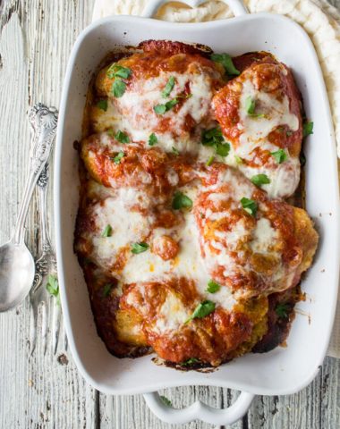 Baked Chicken Parmigiano, an easy, delicious baked chicken casserole recipe. A perfect  comfort food dinner for family or guests.  The best!