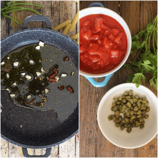 pasta arrabiata how to make garlic and hot peppers in oil and ingredients in a bowl