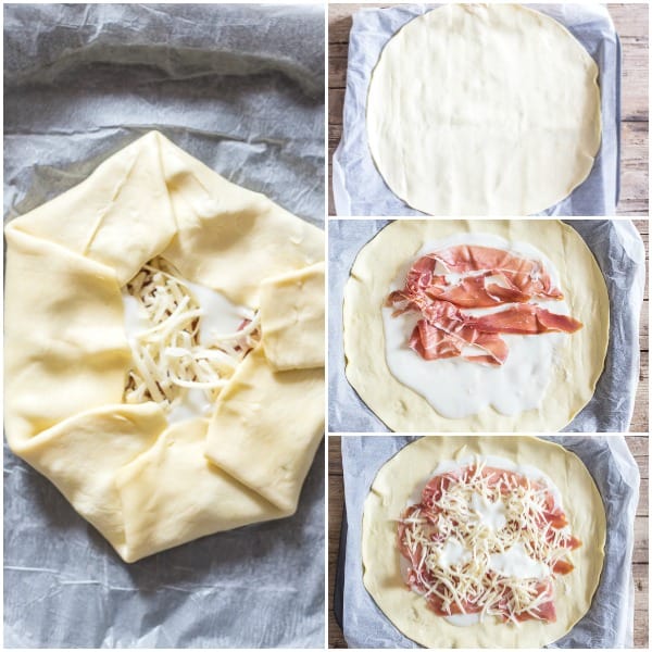 savory pie how to make a galette, roll out dough, add cream, prosciutto and cheese fold over edges.