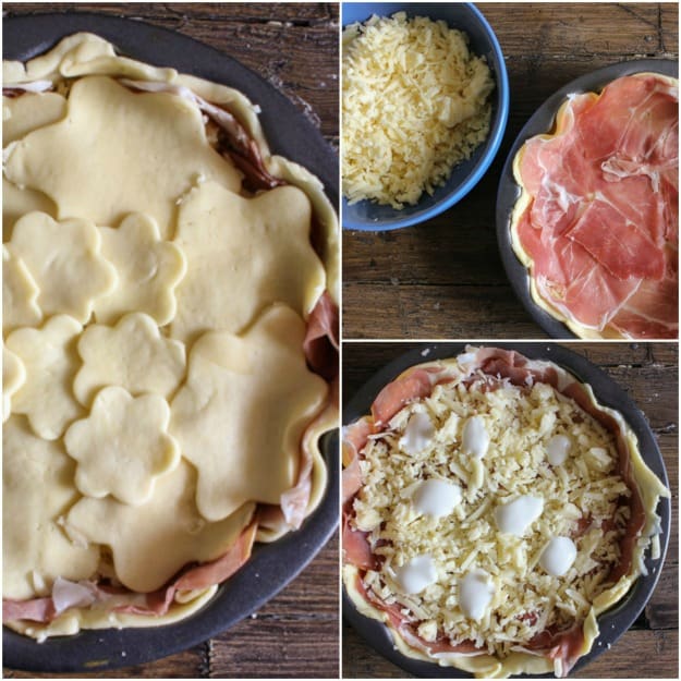 Italian Savory Rustic Pie is a delicious main dish or appetizer. A double creamy filling of prosciutto, Gruyere and a little white sauce.