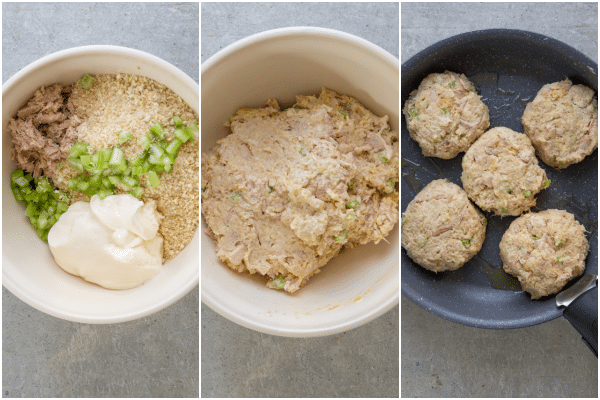 how to make tuna patties the ingredients in a bowl, mixed together and in the frying pan to be cooked