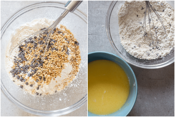 how to make chocolate chip bread dry ingredients in a bowl and wet ingredients in a blue bowl