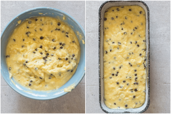 how to make chocolate chip bread, mixed in a bowl and ready for baking in a loaf pan