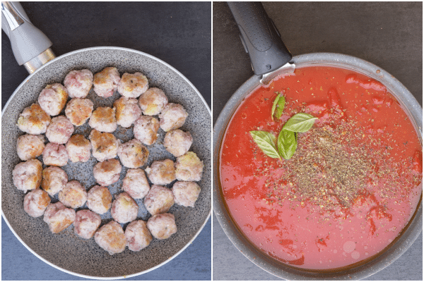 fried mini meatballs and sauce in a black frying pan