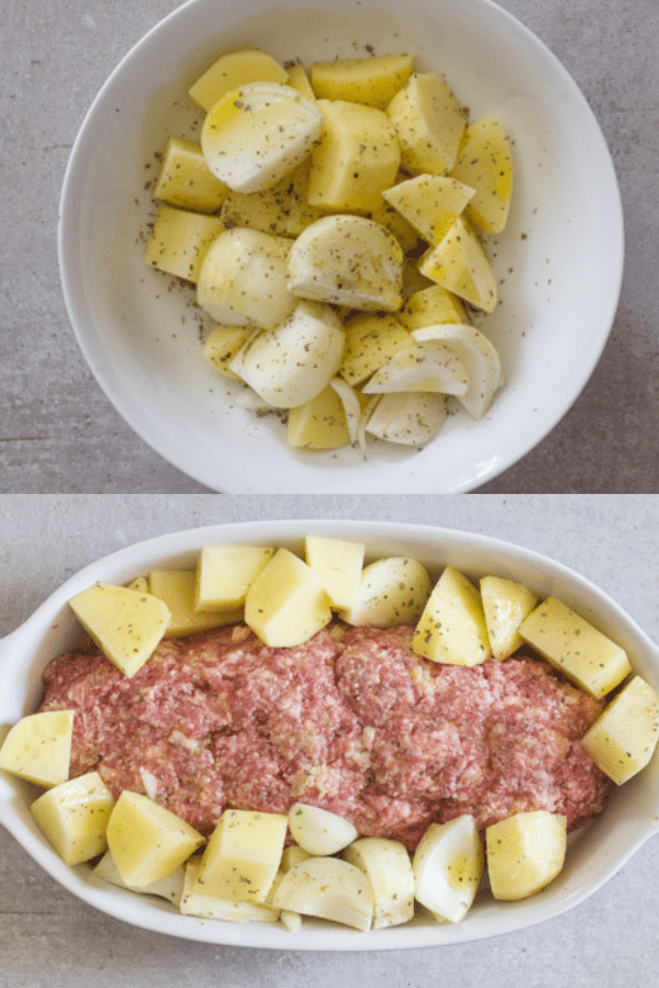 Italian meatloaf how to make potatoes ready to be cooked and in the pan with the polpettone