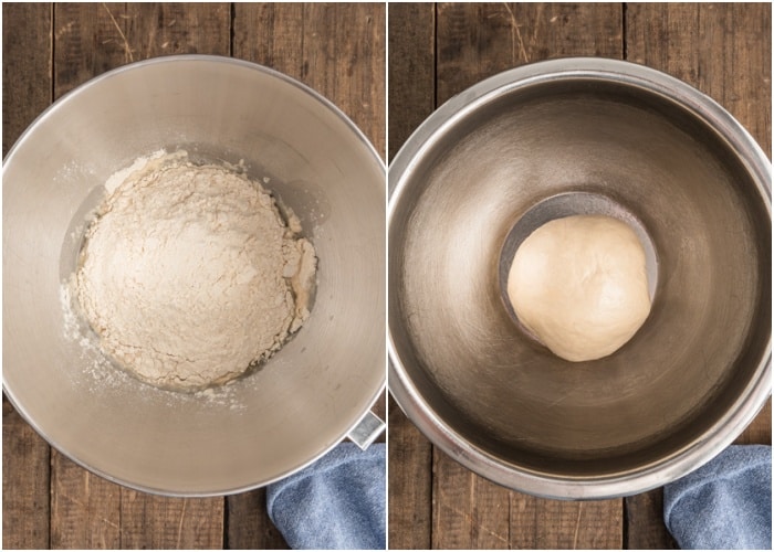 Adding flour and forming a dough in the mixing bowl.