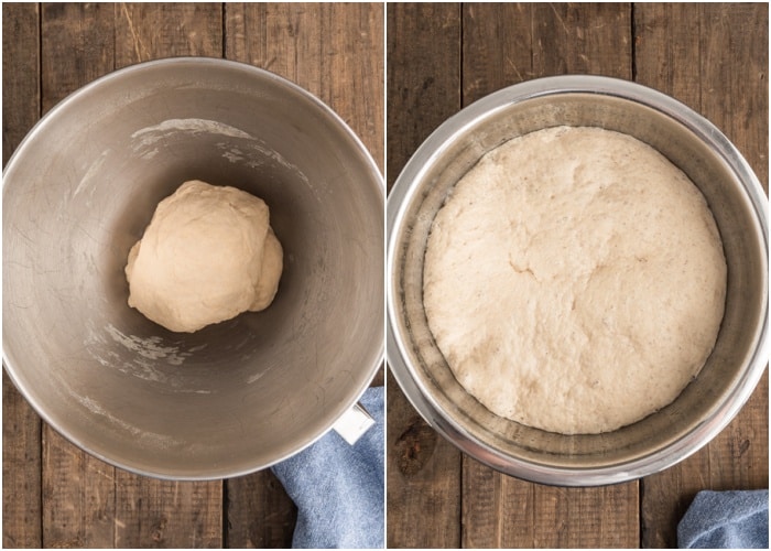 The dough before and after rising in the silver mixing bowl.