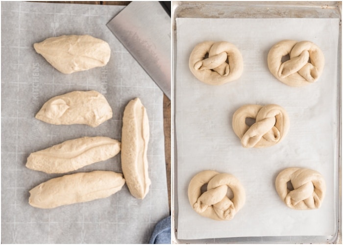 Dividing the dough and forming in to pretzels.