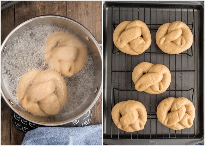 Pretzels boiling in the water and drying on a wire rack.