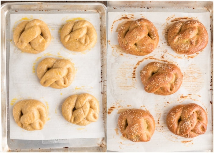 The pretzels on a baking sheet before and after baking.