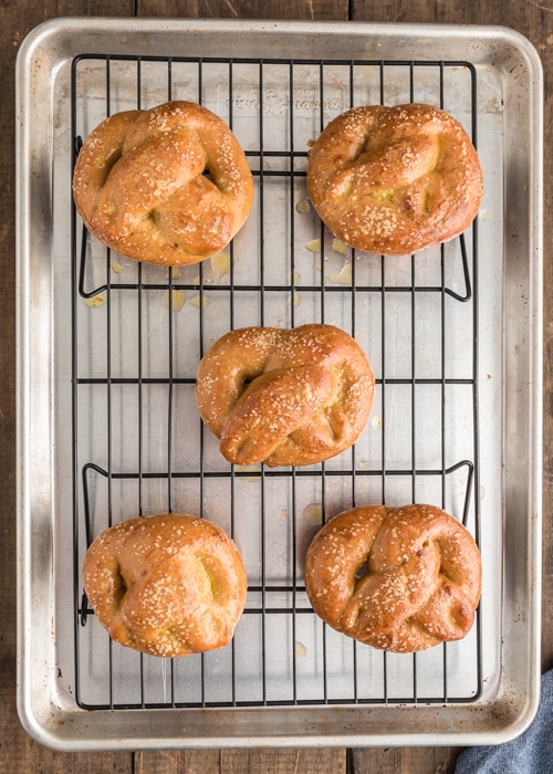 The pretzels brushed with melted butter.