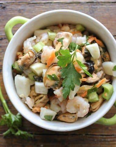 Seafood salad in a dish.