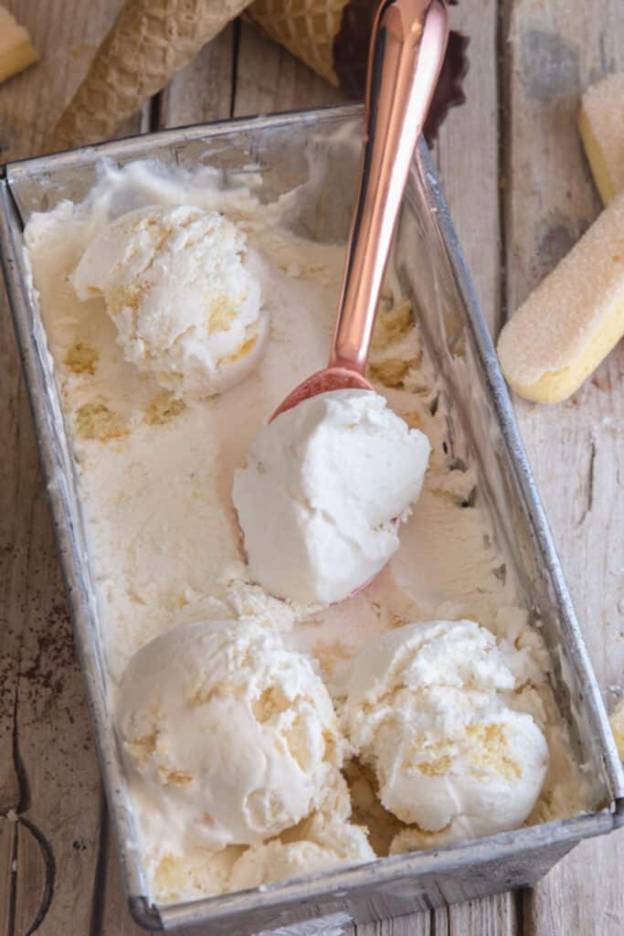 Tiramisu gelato in a loaf pan.