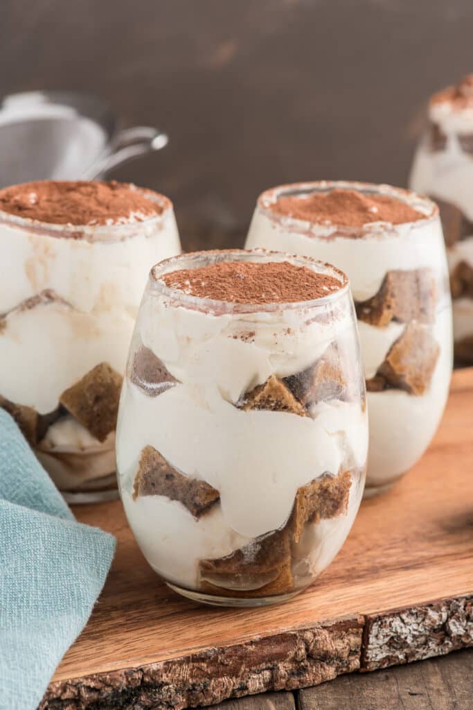 Tiramisu Ice parfait in 3 glasses.