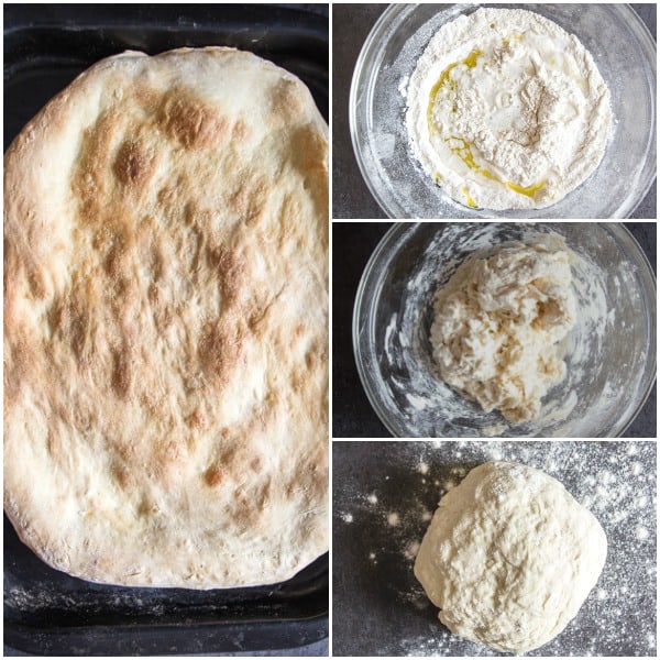 how to make no yeast pizza dough, dry mix, liquid added, formed into a dough, baked pizza