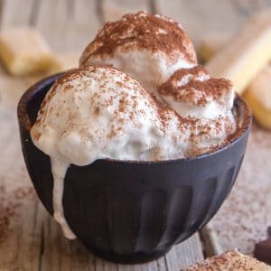 a black bowl with tiramisu ice cream