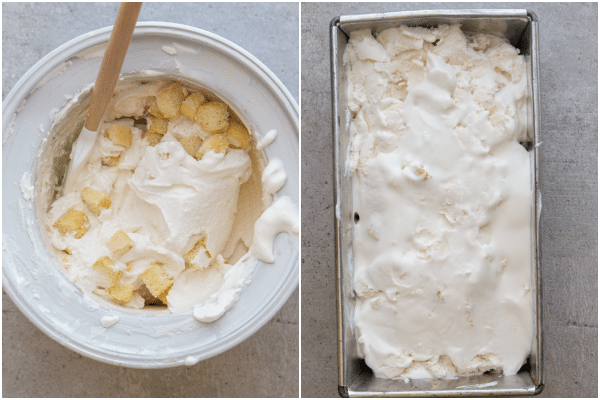 how to make tiramisu ice cream adding the lady finger cubes and in the pan for freezing