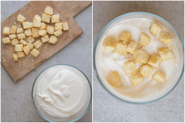 how to make no churn tiramisu ice cream, cut up lady fingers, and in a bowl with the ice cream to be frozen