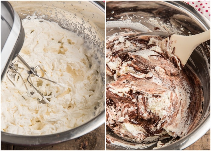 Beating the whipped cream and mascarpone then adding the chocolate.