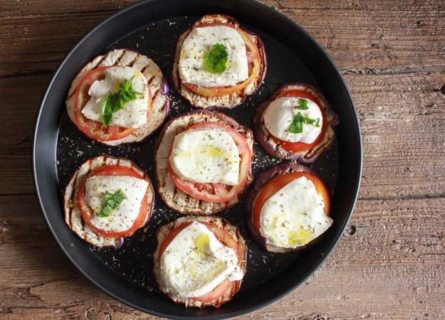 hot or cold grilled eggplant caprese