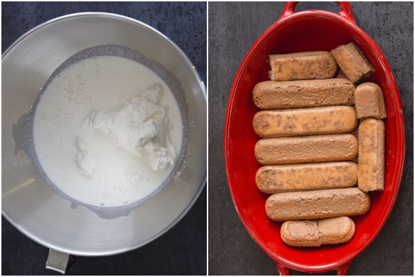 kid tiramisu how to make cream mixture and dunked lady fingers in a red pan