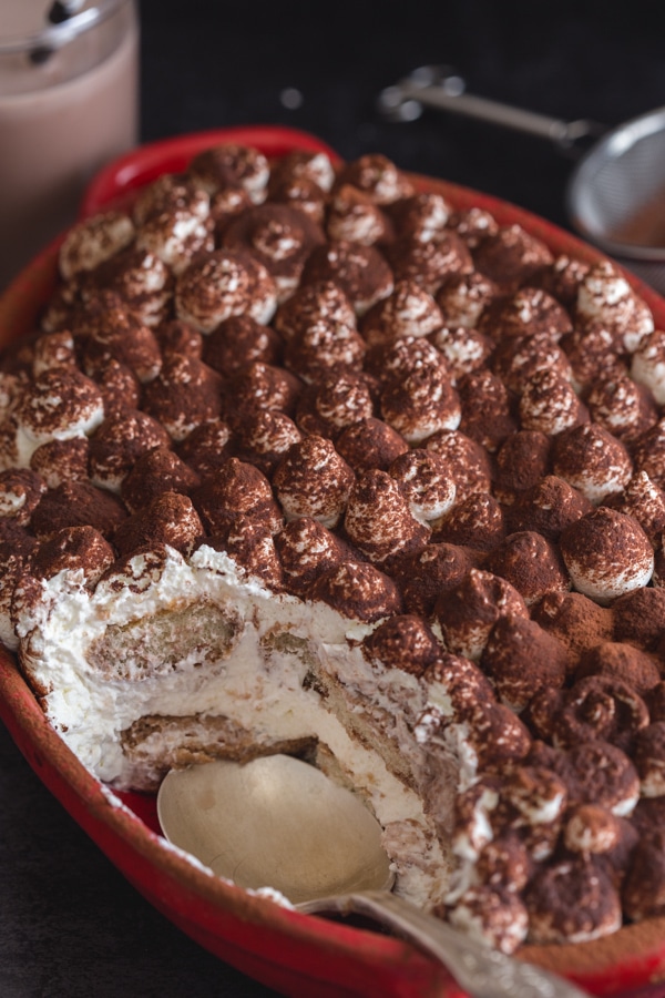 tiramisu for kids with a spoon in the pan