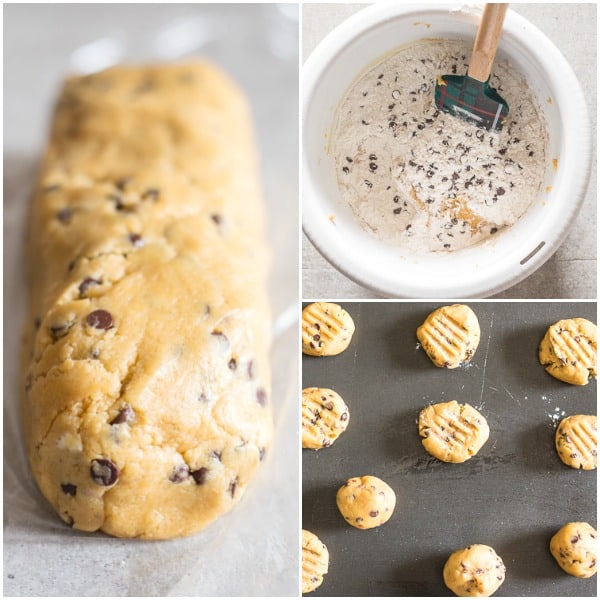 thick peanut butter chocolate chip cookies how to make, dry and creamed mixture in a bowl, rolled into a log to be chilled and rolled into balls and flattened before baking