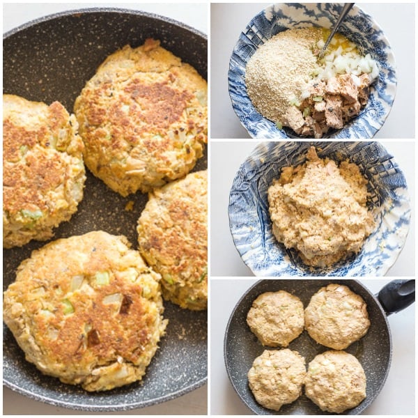 healthy salmon burgers how to make ingredients in a bowl, mixed, before cooking and after cooking