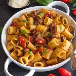 sausage pasta in a white pan