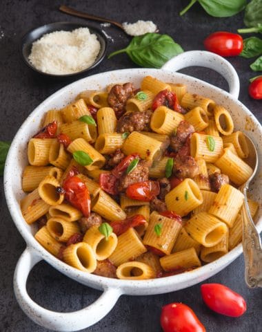 sausage pasta in a white pan