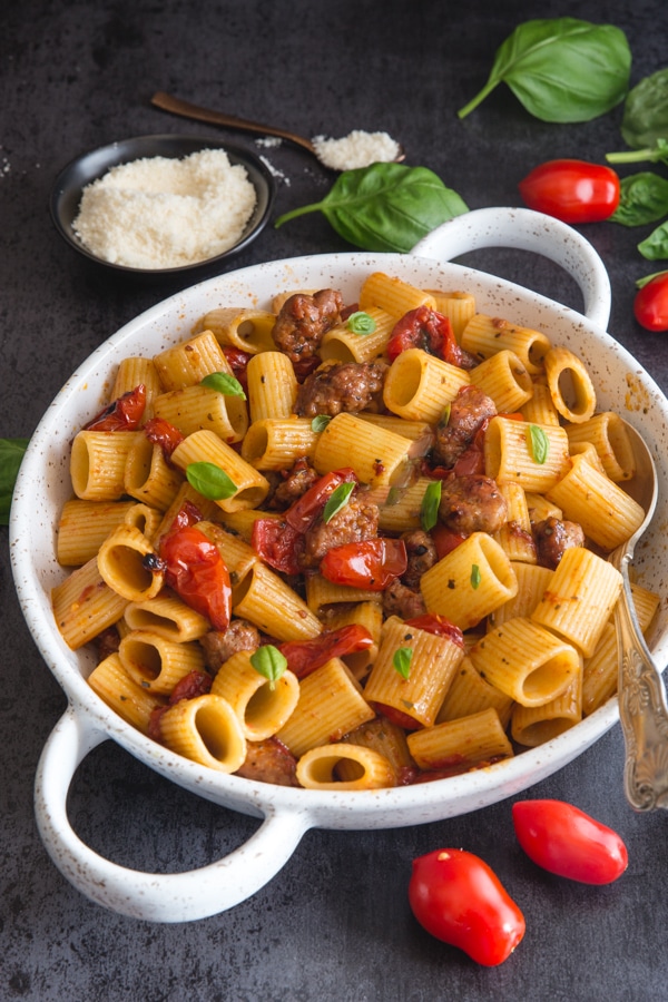 sausage pasta in a white pan