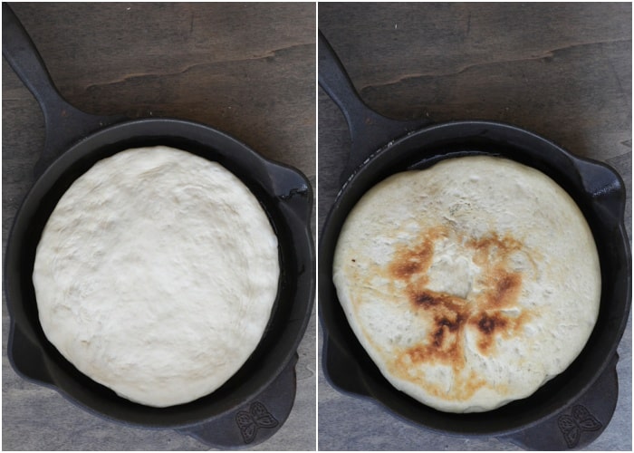 Dough in the pan and cooked on one side.
