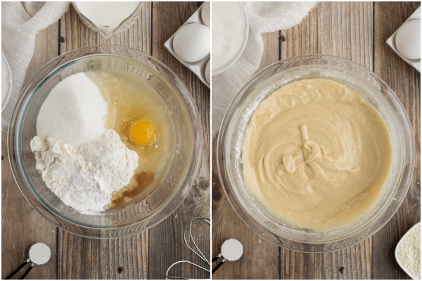 ingredients flour, eggs, sugar in a glass bowl, the ingredients in a glass bowl beaten until smooth