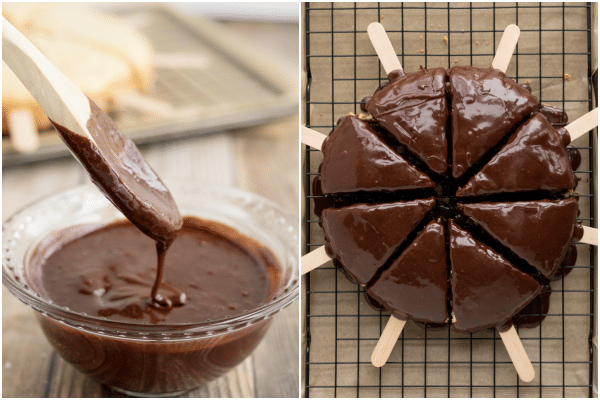 the ganache in a glass bowl and the cake covered in glaze with sticks in the pieces