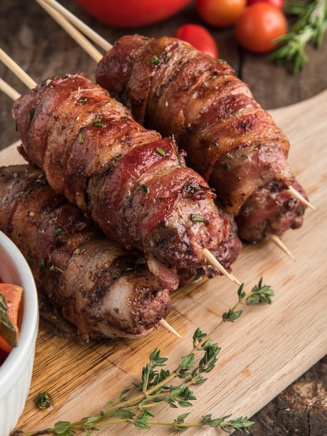 Bacon Wrapped Pork and Beef Skewers