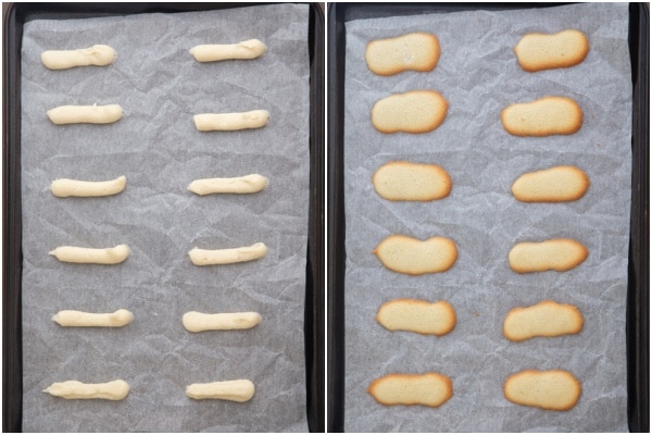 The cookies before and after baking on the cookie sheet.