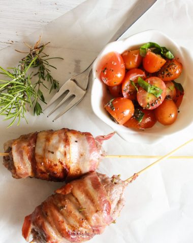Bacon Wrapped Pork and Beef Skewers, a perfect bbq recipe, a delicious main dish or appetizer. Serve at your next family get together or party/anitalianinmykitchen.com