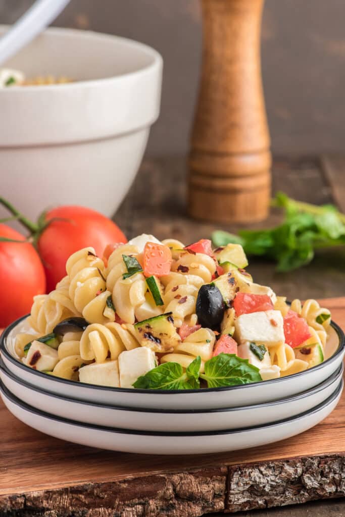 Pasta salad on a white plate.