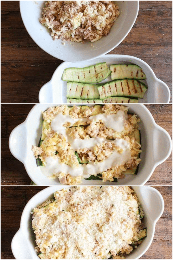 zucchini lasagna how to make the filling, grilled zucchini, layering in the white pan and ready for baking