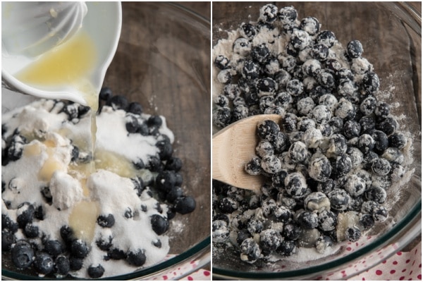 The ingredients for the blueberry filling in a glass bowl before and after mixed.