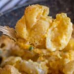 upclose spoonful of baked macaroni double cheese