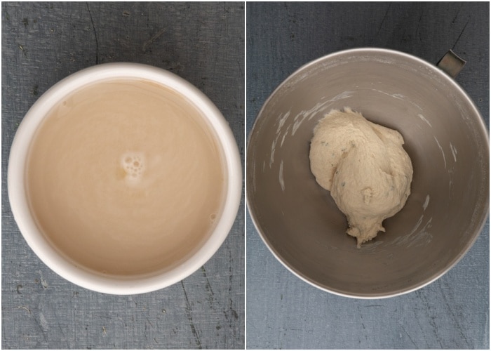 Activating the yeast in a small white bowl and making the dough in a mixing bowl.