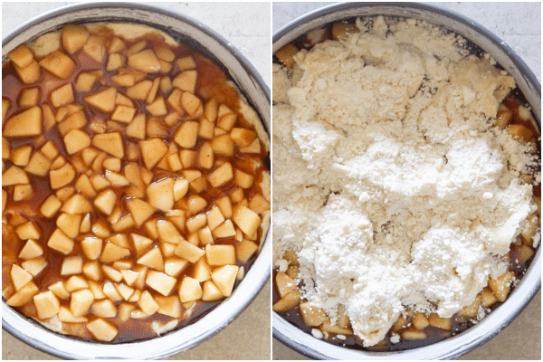 adding the apple filling and topping to the apple streusel cake