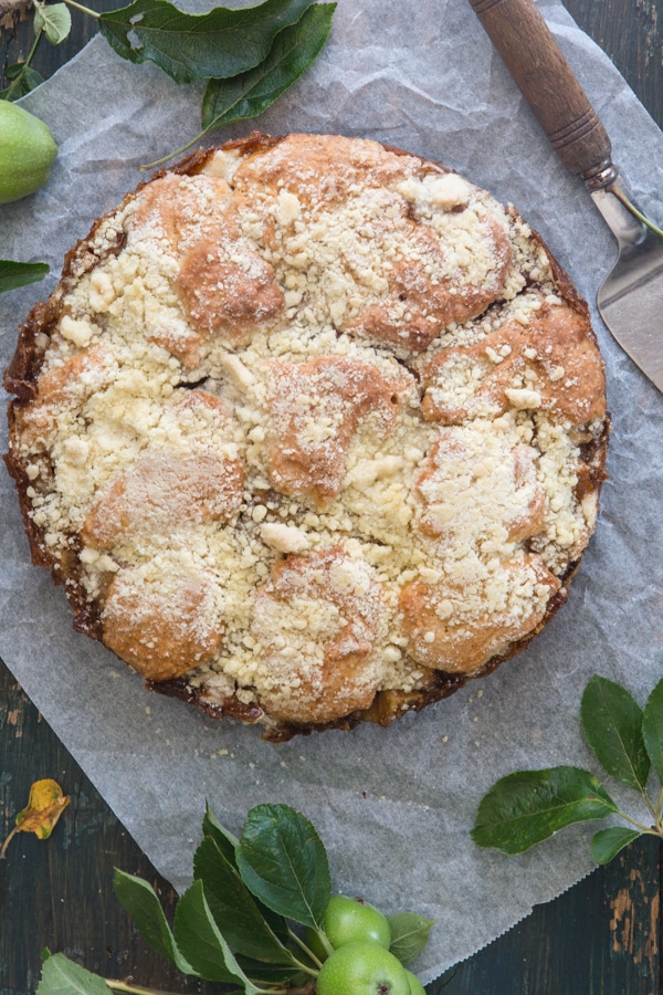 apple streusel cake on a white paper