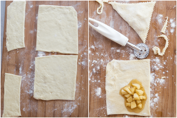 making the apple turnovers, cutting the dough and adding the filing