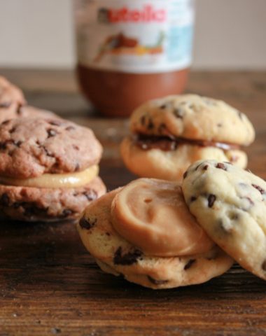 Chocolate Chip Sandwich Cookies, the perfect cookie, chocolate/double chocolate chip stuffed with Nutella or a creamy peanut butter filling/anitalianinmykitchen.com