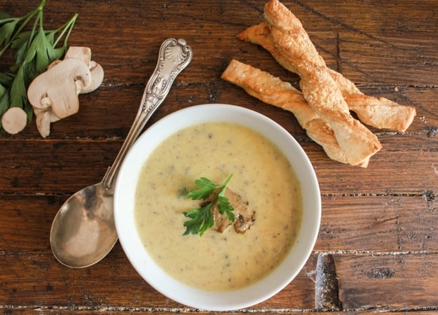 Creamy Mushroom Soup and Parmesan Bread Twists, an easy delicious homemade creamy mushroom soup recipe, perfect with these no-yeast Twists./anitalianinmykitchen.com